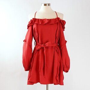 Marissa Webb Off Shoulder Linen Belted Ruffled Sun Dress - Size Large - EUC